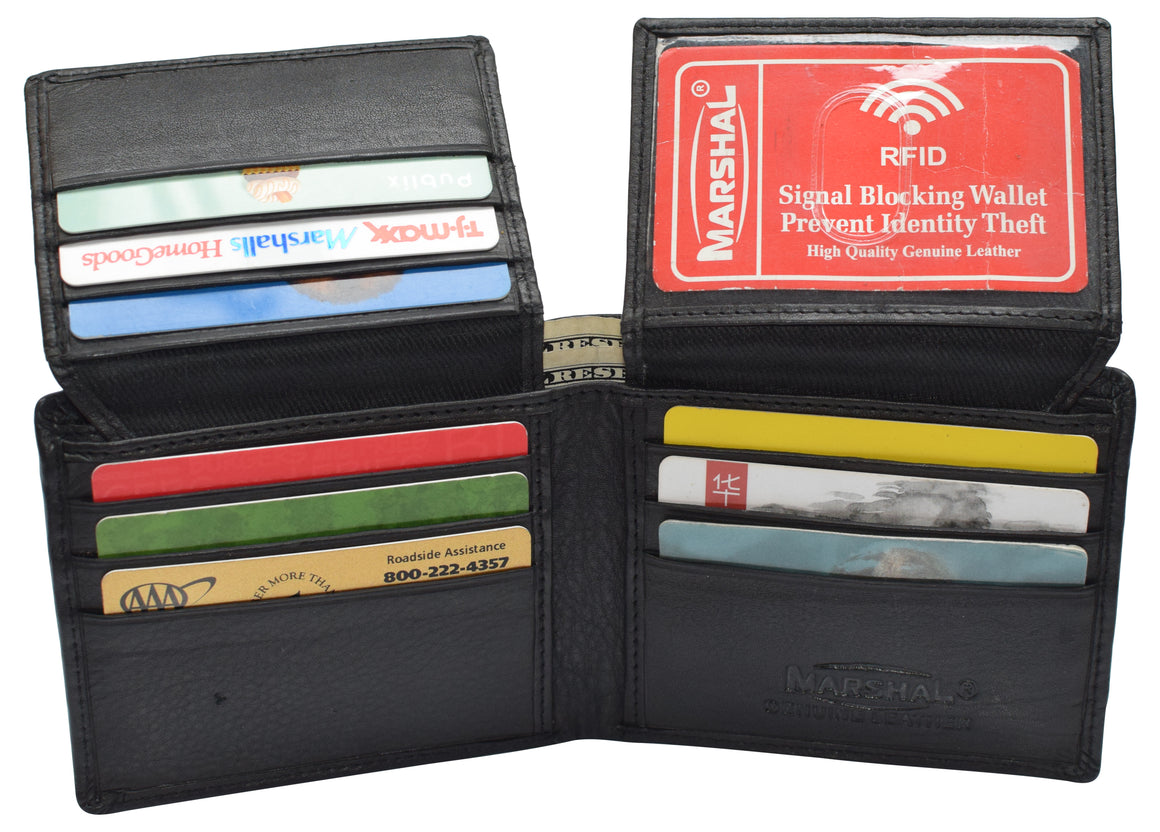 Mens Leather Multi Card Bifold with Double Flip-up 3 Id Windows RFID Blocking