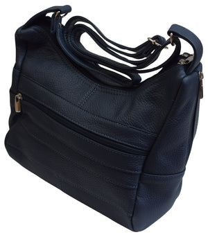 Womens Genuine Leather Purse Adjustable Strap Mid Size Multi Pocket Shoulder Bag Navy Blue-menswallet