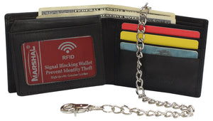Men's Genuine Leather RFID Blocking Bifold Chain Logo Wallets Black, Biker Wallet for Men-menswallet