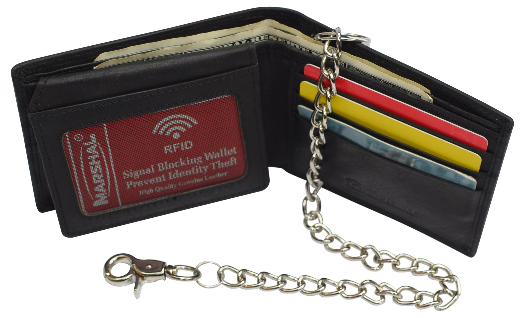 Men's Genuine Leather Bifold Wallet With RFID Blocking & Anti-Theft Chain - Multiple Card Pockets