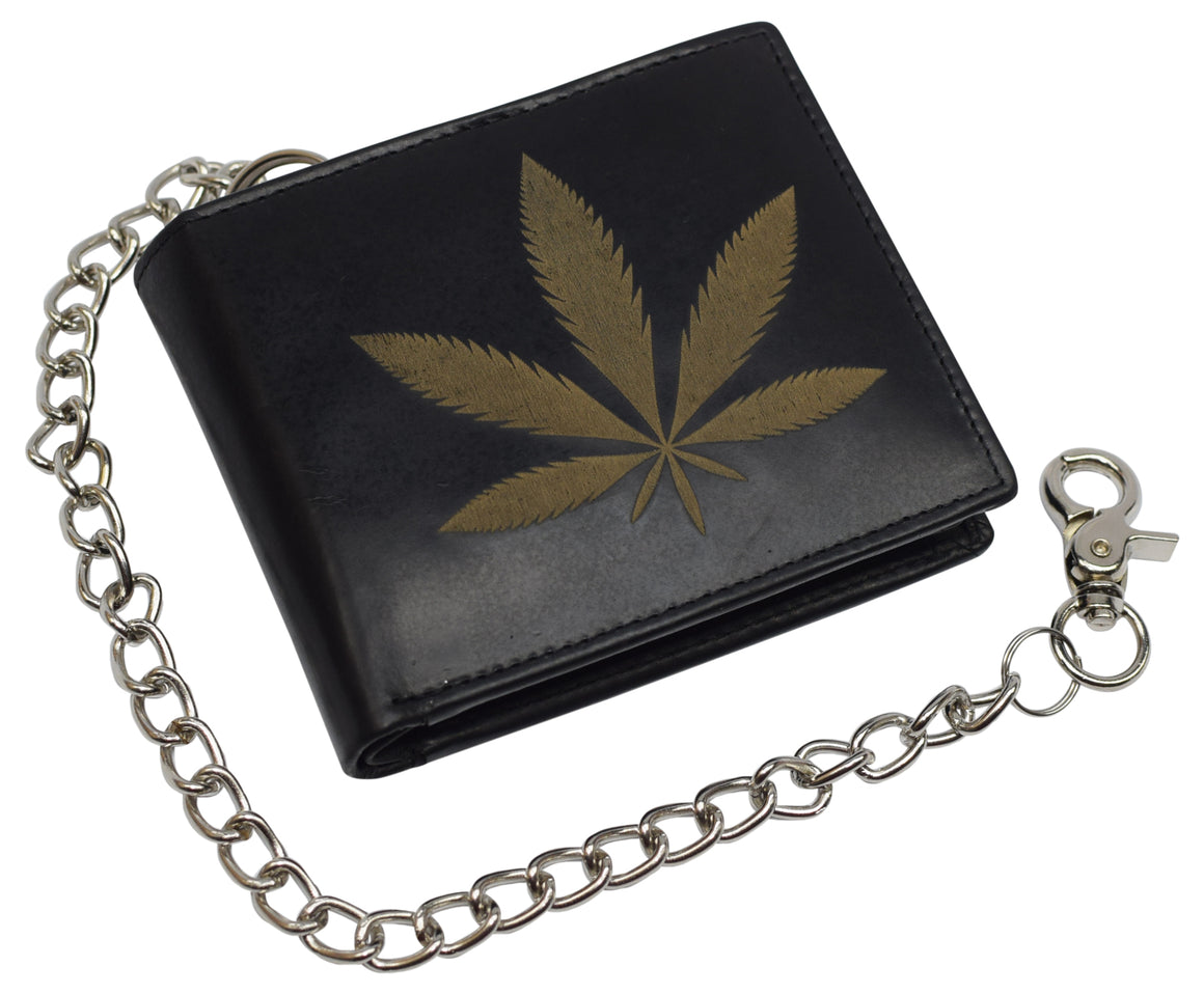 Men's Genuine Leather RFID Blocking Bifold Chain Logo Wallets Black, Biker Wallet for Men-menswallet