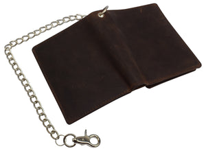 Men's Chain Biker Vintage Leather RFID Blocking European Style Bifold Trifold Wallet with ID Window-menswallet