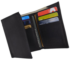 Mens Black Solid Cow Leather Tri-Fold Casual Dress Heavy Duty Wallet-menswallet