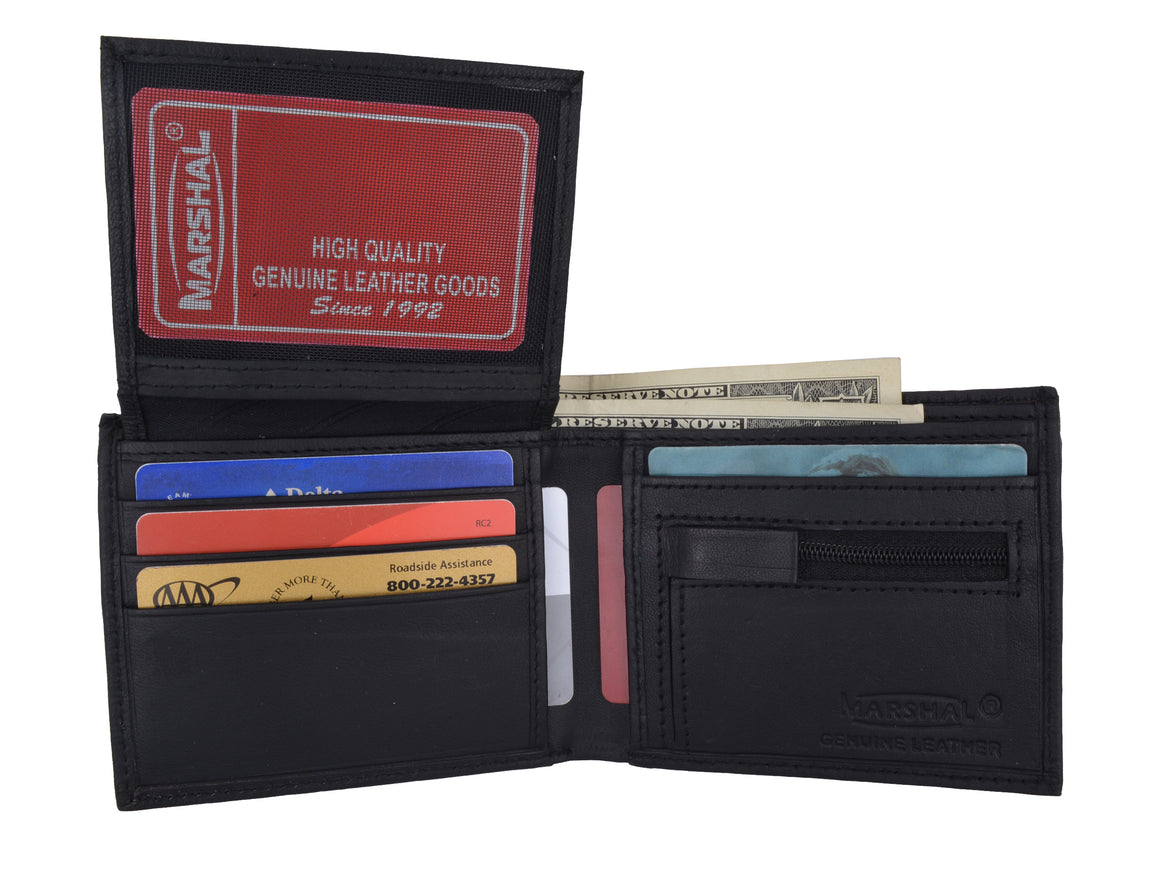 Zippered Change Pocket Leather Bifold Mens Wallet 1653-menswallet