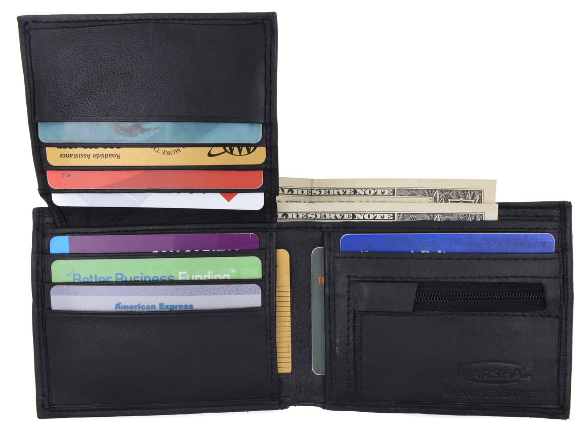 Lamb Leather Flap Up ID Card Holder W/Zippered Compartment Bifold Wallet 3053-menswallet