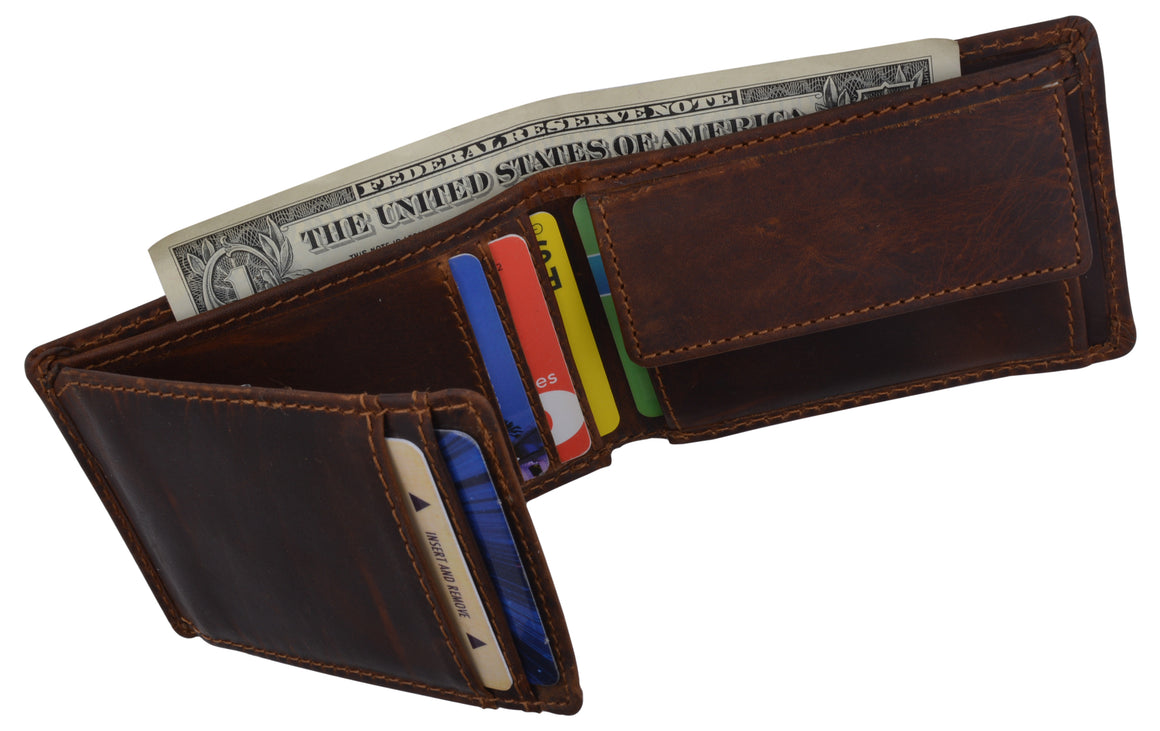 Mens Small Bifold Crazy Horse Leather Slim Card Holder Wallet With Coin Pouch-menswallet