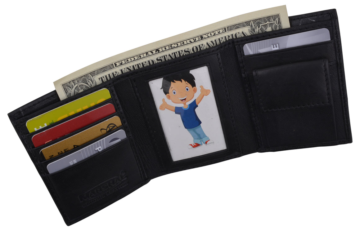 Genuine Leather Kids Slim Compact ID and Coin Pocket Trifold Boys Black Wallet-menswallet