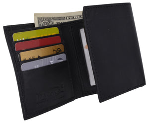 Genuine Leather Kids Slim Compact ID and Coin Pocket Trifold Boys Black Wallet-menswallet