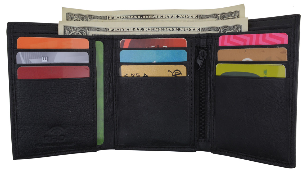 Leather RFID Blocking Trifold Credit Card Mens Wallet W/Outside ID Window & Box-menswallet