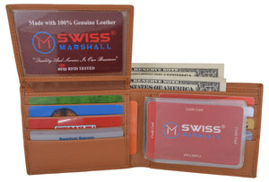 Swiss Marshall Mens Genuine Leather Passcase Bifold Wallet RFID Safe 2 ID Windows-menswallet