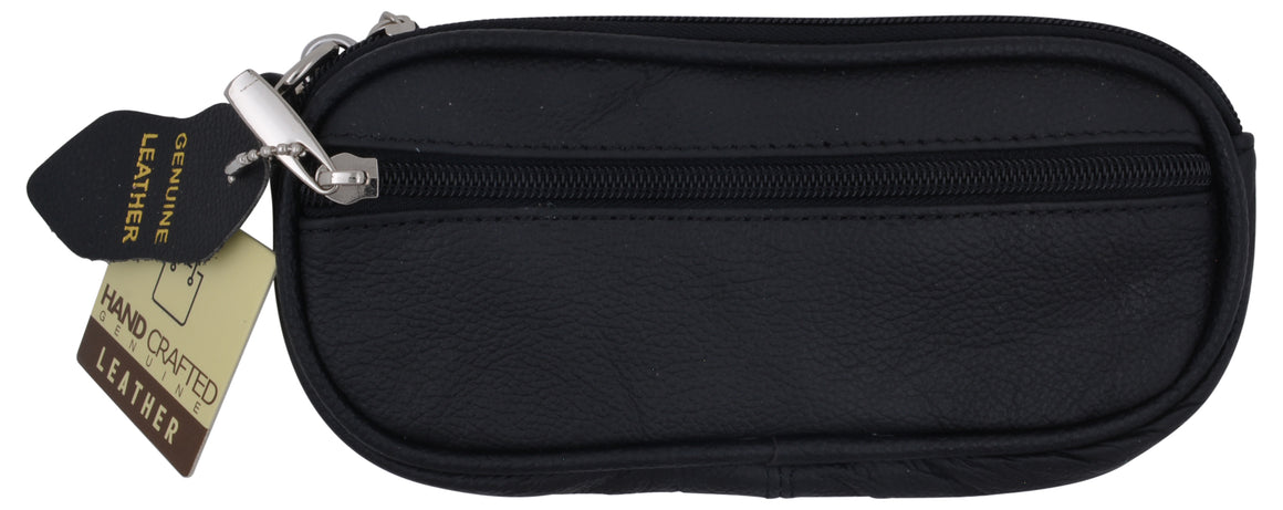 Genuine Leather Zippered Double Eyeglass Sunglasses Case Holder Black - wallets for men's at mens wallet
