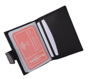 RFID Mens Leather Credit Card Picture ID Holder 16 Plastic Inserts with Snap Close-menswallet