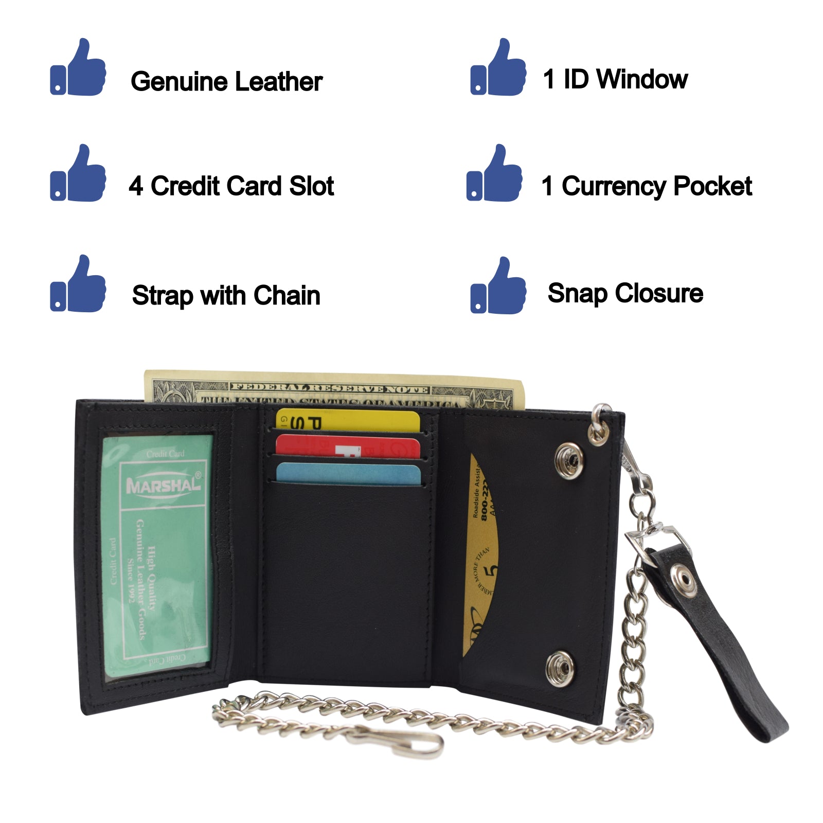 Men's Genuine Leather Black Trifold Wallet with Chain Biker Trucker Motorcycle-menswallet