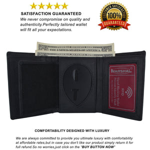 RFID LEATHER BADGE ID HOLDER 'SHIELD' SHAPE TRIFOLD WALLET BLACK VERY RARE WALLET-menswallet
