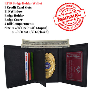 RFID LEATHER BADGE ID HOLDER 'SHIELD' SHAPE TRIFOLD WALLET BLACK VERY RARE WALLET-menswallet