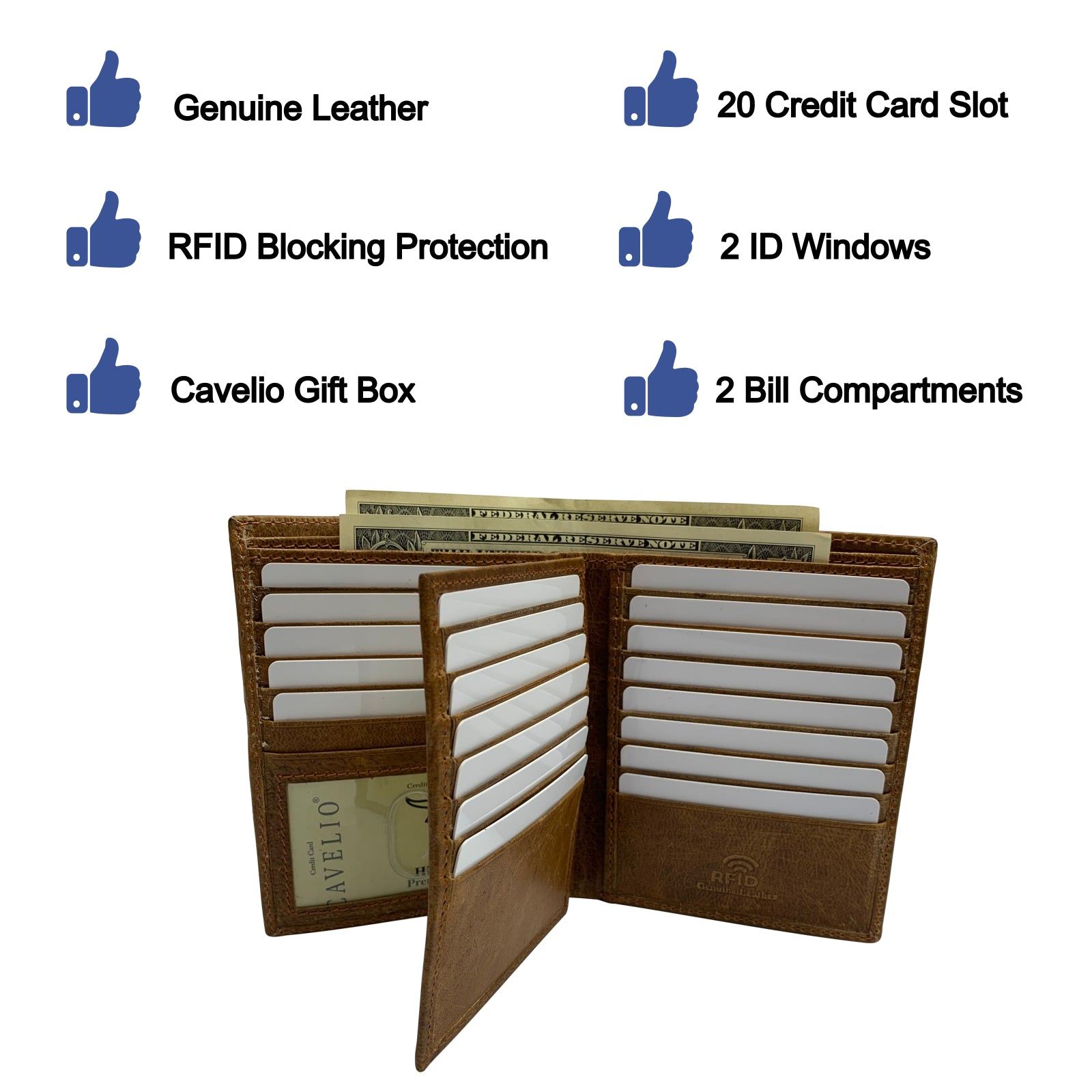 RFID Blocking Genuine Leather Bifold Hipster European Wallet For Men USA Series 20 Card Slots 2 Bill Compartments 2 ID Windows Money-menswallet