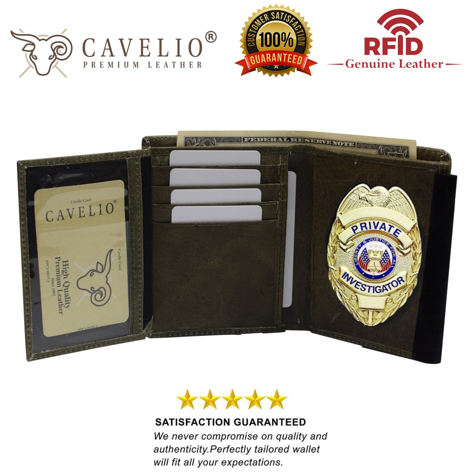 Police Badge Wallet Bifold RFID Full Grain Genuine Leather, Fits Any Shape Badge with a Pin Back-menswallet
