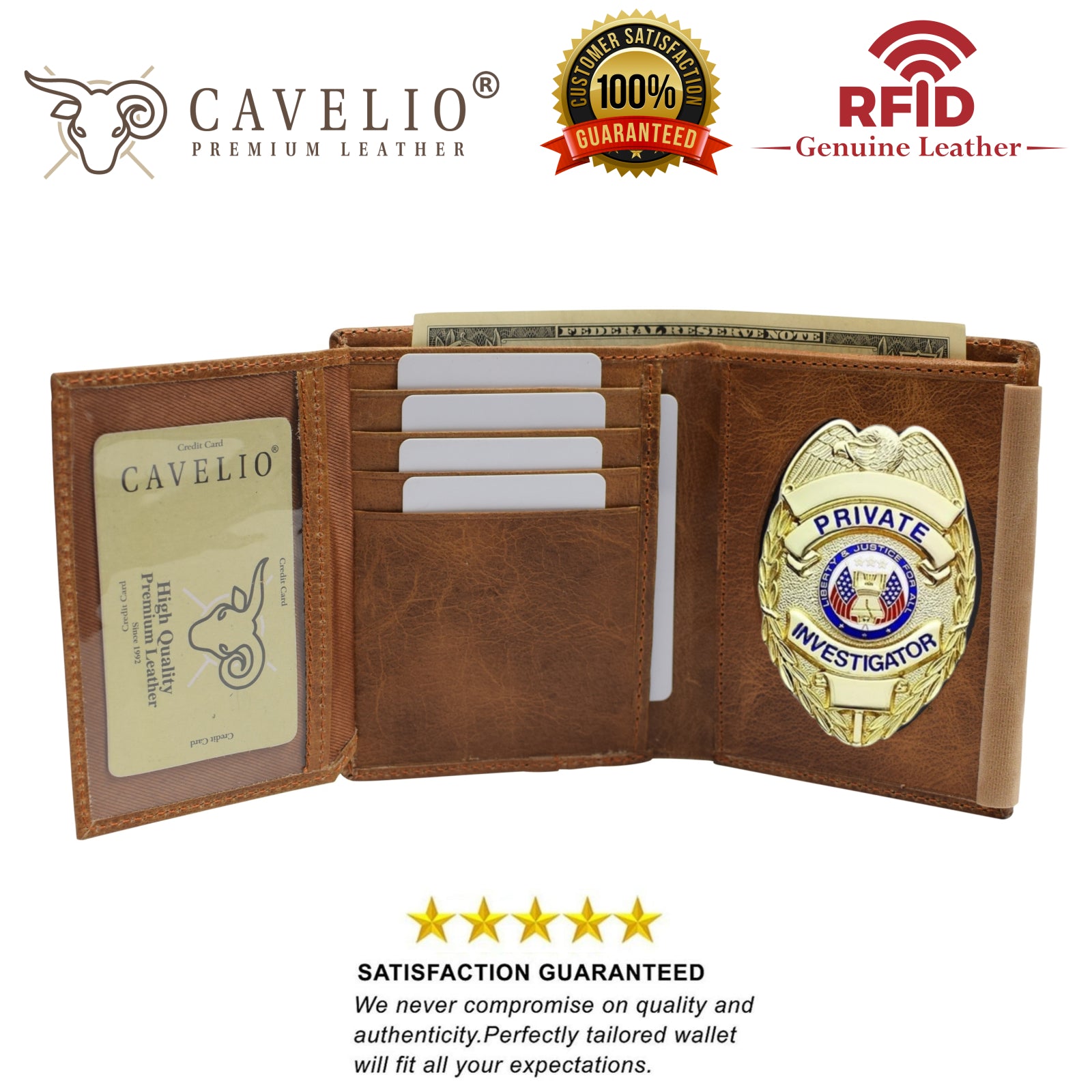 Police Badge Wallet Bifold RFID Full Grain Genuine Leather, Fits Any Shape Badge with a Pin Back-menswallet