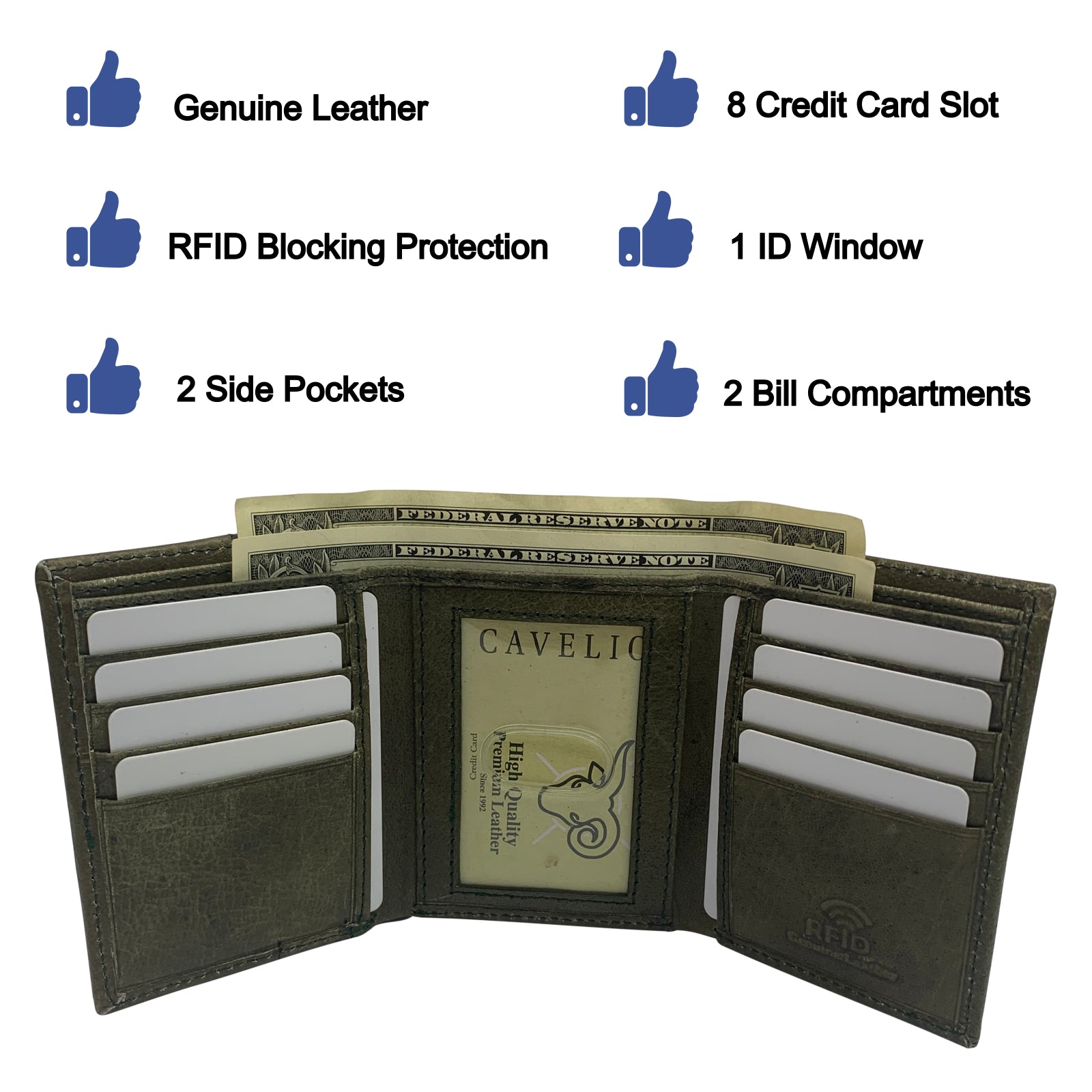 RFID Genuine Leather Slim Mens Trifold Wallet With ID Window Front Pocket USA Series Wallet Gift Box