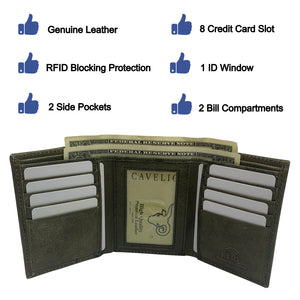 RFID Genuine Leather Slim Mens Trifold Wallet With ID Window Front Pocket USA Series Wallet Gift Box-menswallet