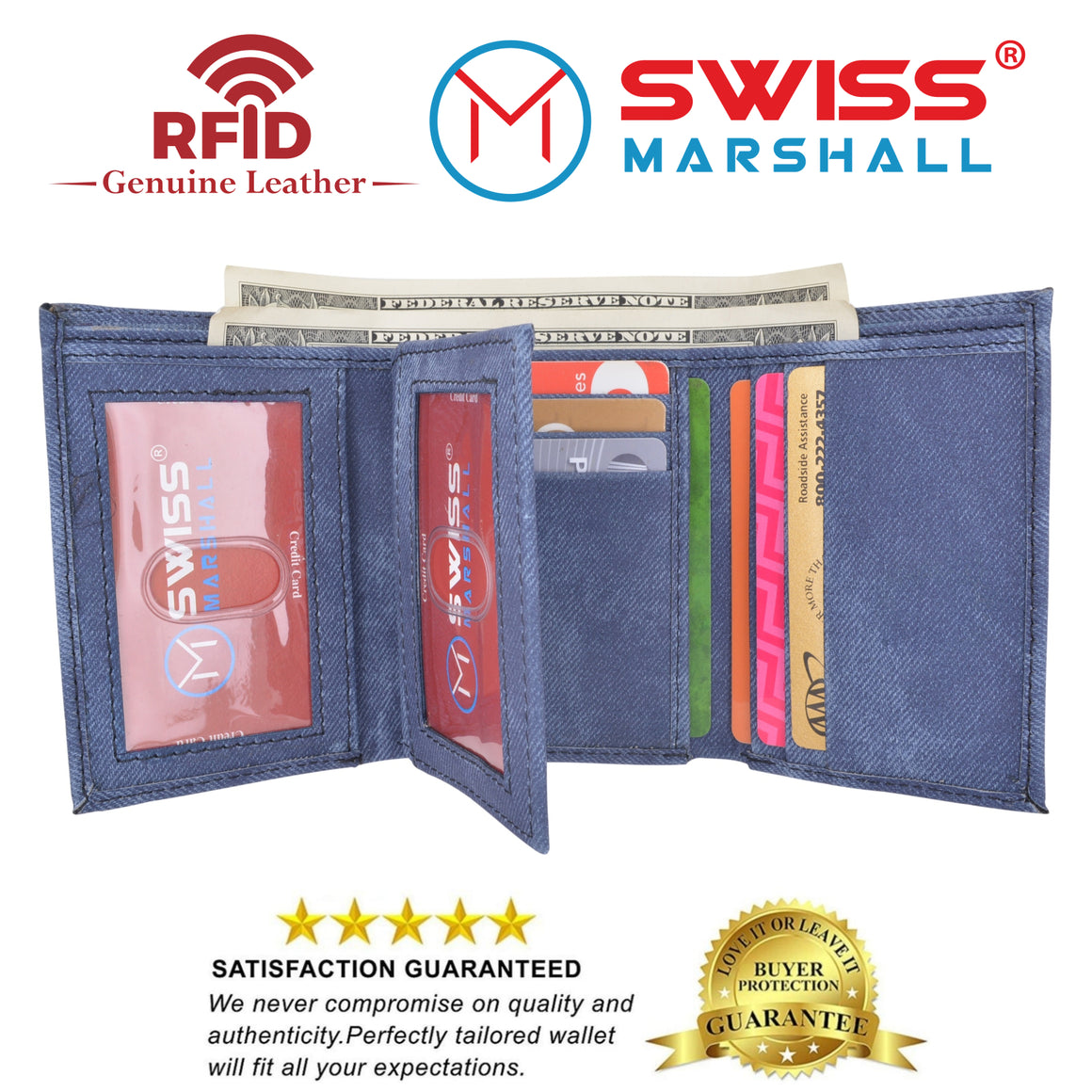 Swiss Marshall Men's Vegan Leather RFID Trifold Wallet with 2 ID Windows Extra Capacity-menswallet