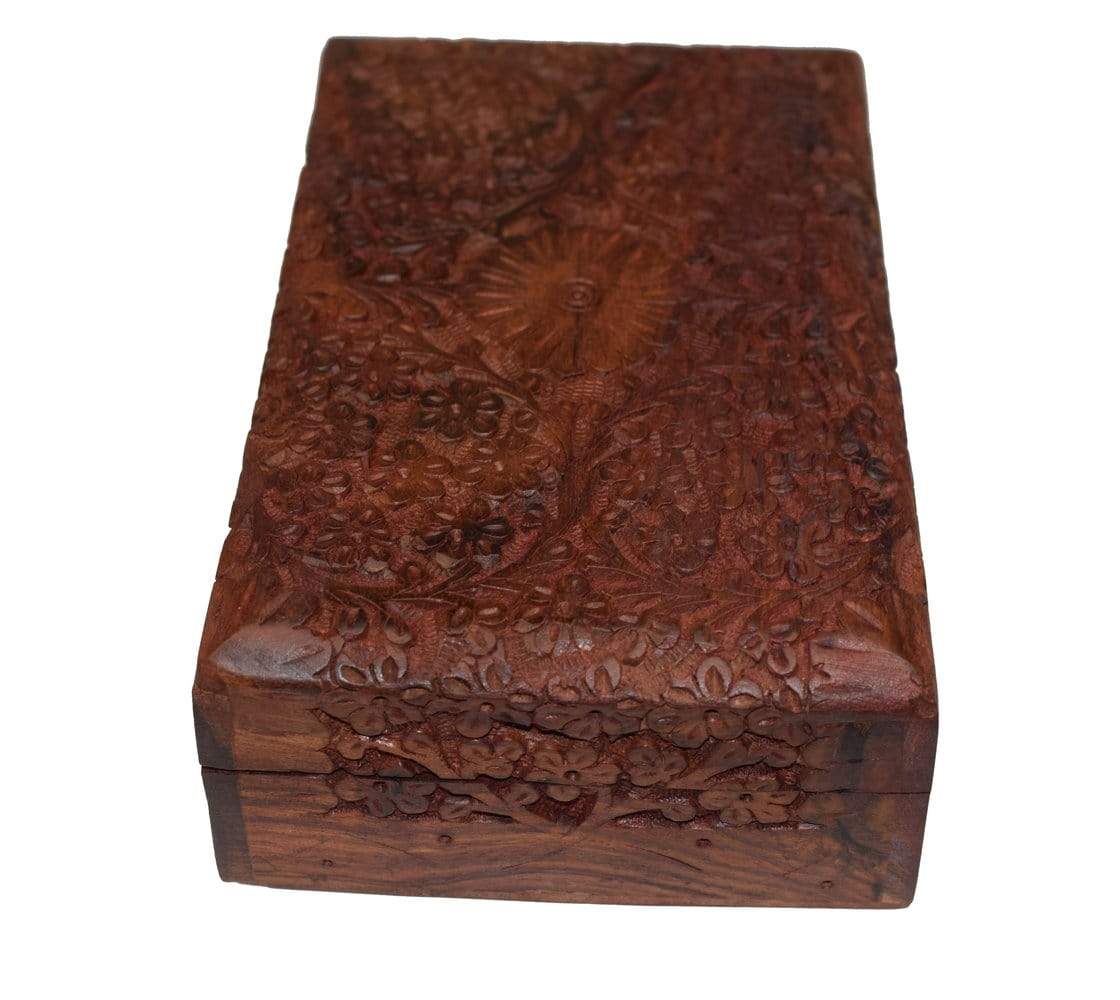 Exotic Hand Carved Wooden Keepsake Jewelry Trinket Box Storage Organizer with Floral Patterns & Velvet Interior - wallets for men's at mens wallet