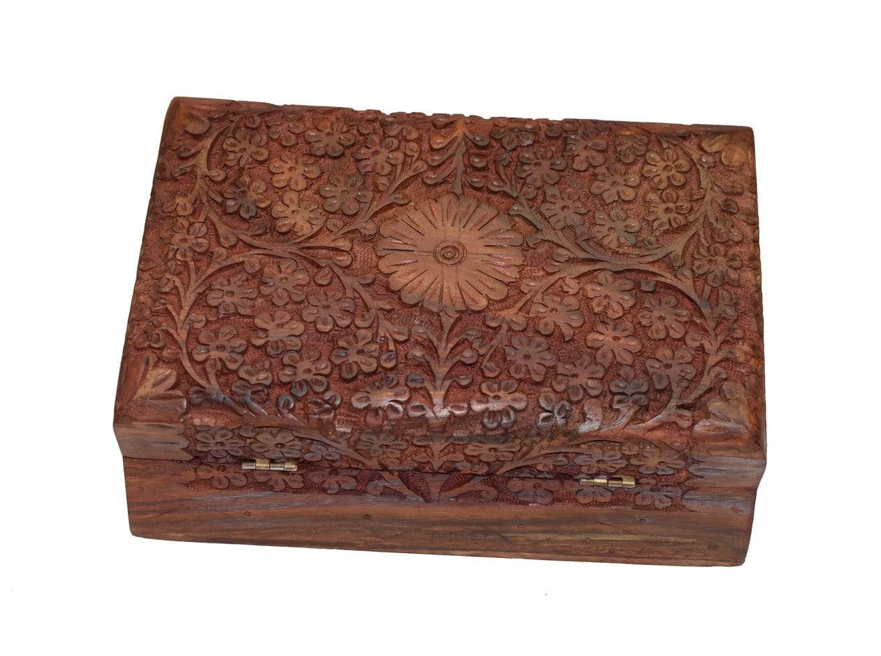 Exotic Hand Carved Wooden Keepsake Jewelry Trinket Box Storage Organizer with Floral Patterns & Velvet Interior - wallets for men's at mens wallet