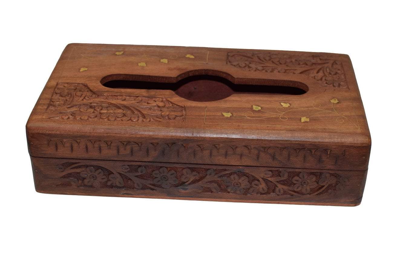 Tissue Box Cover - Handmade sheesham Tissue Paper Holder Decorative Brass Work - Unique Designer Wooden Tissue Holder/Tissue Dispenser 10" x 6" - wallets for men's at mens wallet