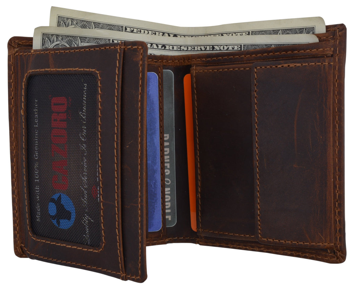 Cazoro Mens Hunter Leather RFID Bifold Trifold Card ID Wallet W/ Coin Pocket-menswallet