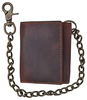 RFID Safe Vintage Brown Leather Biker Trifold Chain Wallet with Chain Trucker-menswallet