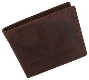 Genuine Leather RFID Bifold Mens Marijuana Leaf Logo Wallet-menswallet