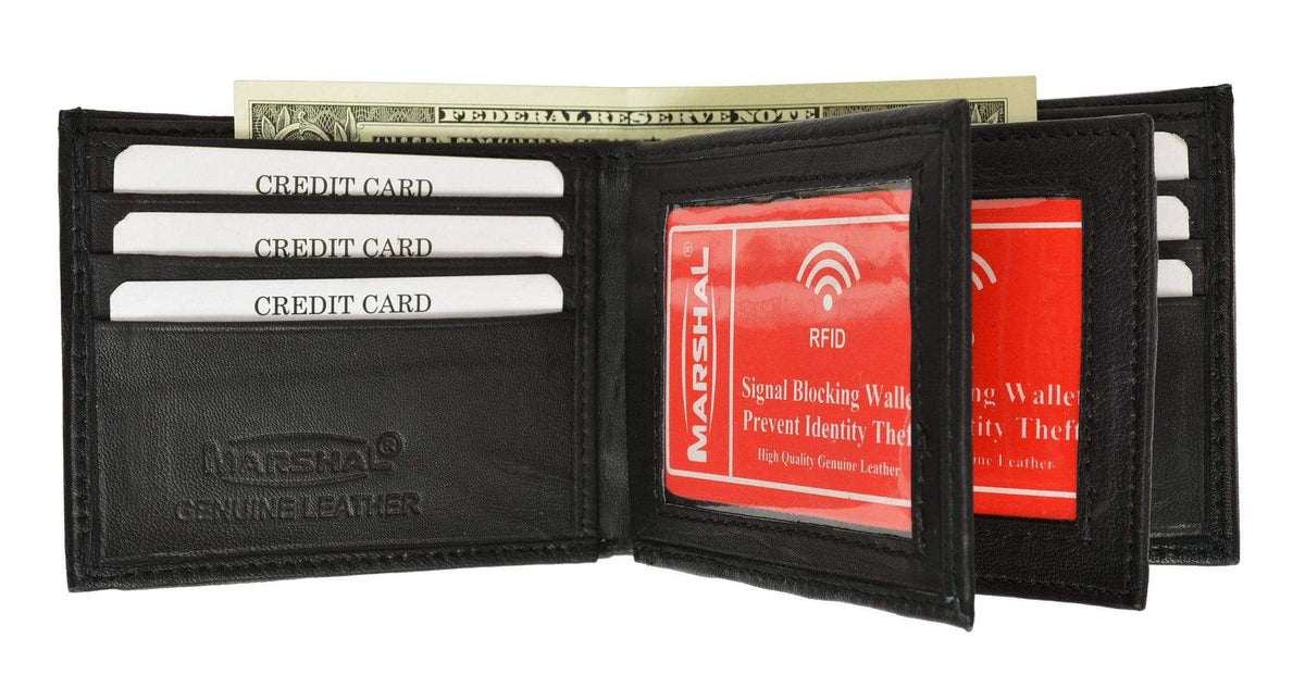 Marshal Bi-Fold Leather Wallet – 2 Bill Compartments, 2 ID Windows, 6+ Credit Card Slots – Black