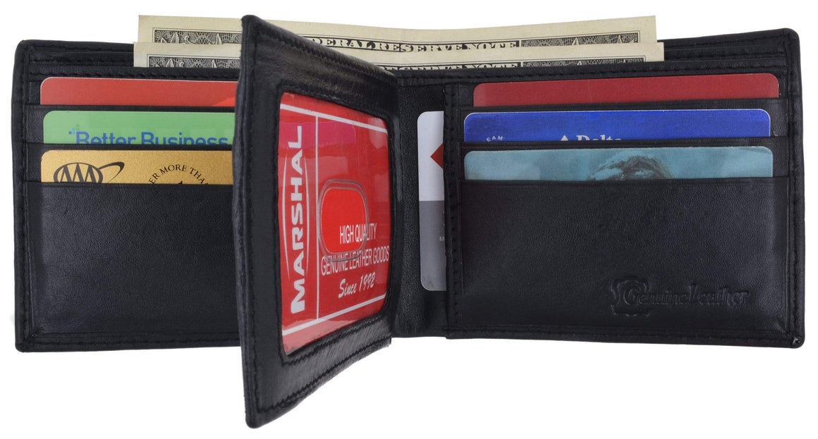 Mens Genuine Leather Center Flap ID Card Holder Bifold Wallet 52 CF-menswallet