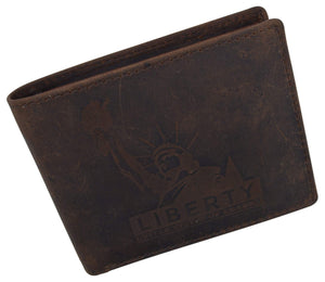 Mens RFID Blocking Cowhide Leather Bifold Wallet Statue of Liberty Logo-menswallet