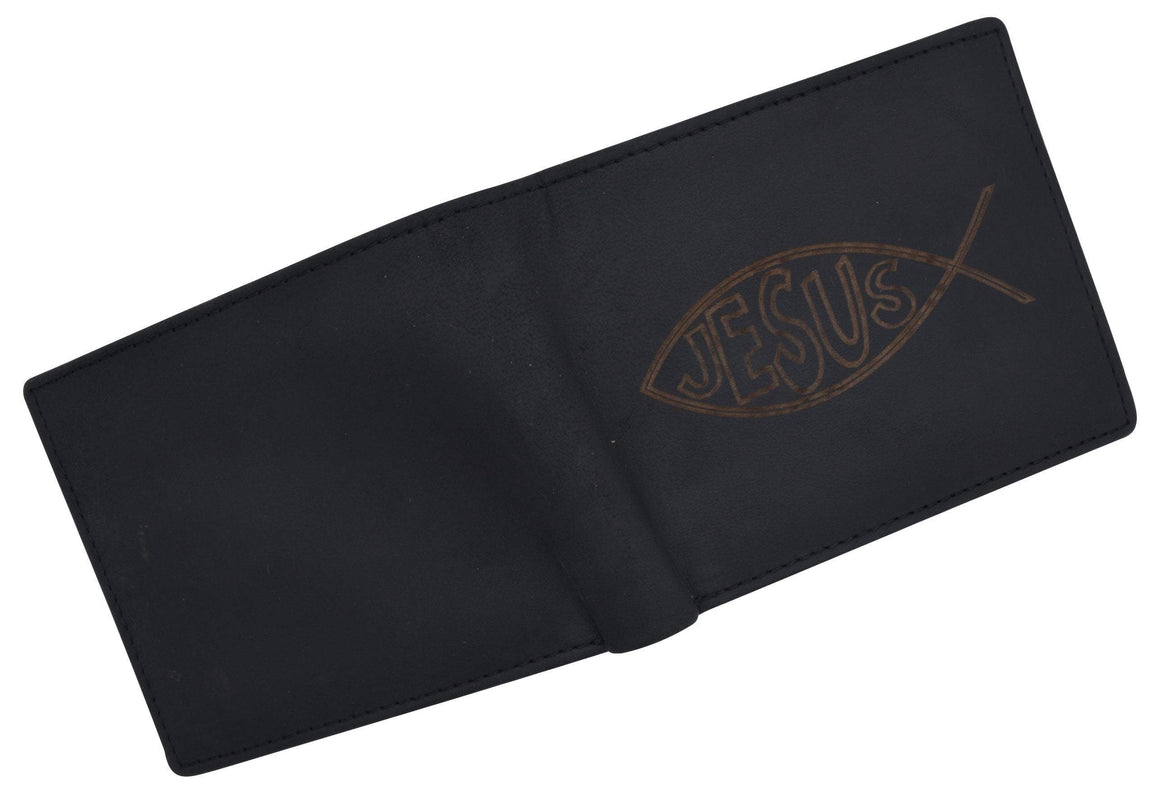 New Men's RFID Jesus Printed Logo Genuine Leather Bifold Wallet …-menswallet