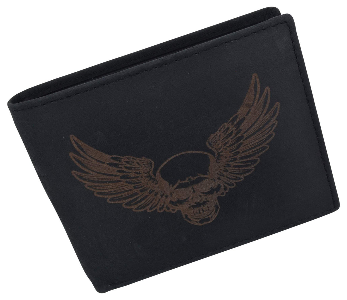 New Skull & Wings Printed Logo Mens RFID Bifold Genuine Leather Wallet - wallets for men's at mens wallet