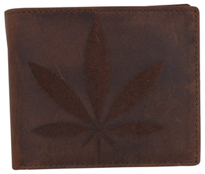 Genuine Leather RFID Bifold Mens Marijuana Leaf Logo Wallet-menswallet