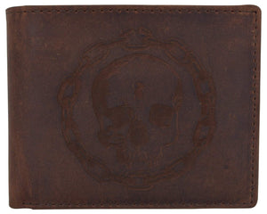 Genuine Leather RFID Chain Skull Printed Logo Credit Card ID Mens Bifold Wallet-menswallet