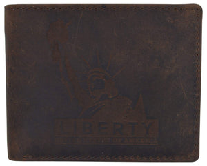 Mens RFID Blocking Cowhide Leather Bifold Wallet Statue of Liberty Logo-menswallet