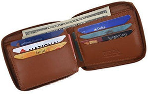 Moga Men's Genuine Leather Short Zip-Around ID Card Holder Bifold Wallet (Brown)-menswallet