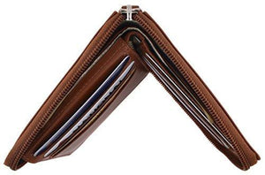 Moga Men's Genuine Leather Short Zip-Around ID Card Holder Bifold Wallet (Brown)-menswallet
