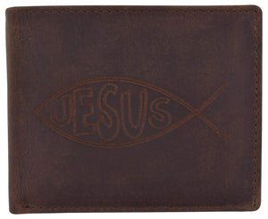 New Men's RFID Jesus Printed Logo Genuine Leather Bifold Wallet …-menswallet