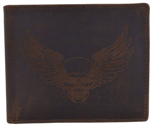 New Skull & Wings Printed Logo Mens RFID Bifold Genuine Leather Wallet-menswallet