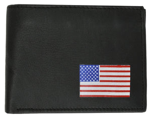 Mens Lamb Leather Bifold Wallet W/Flap UP and American Flag Logo F1153-menswallet