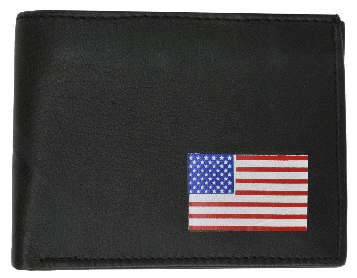 Mens Lamb Leather Bifold Wallet W/Flap UP and American Flag Logo F1153 - wallets for men's at mens wallet