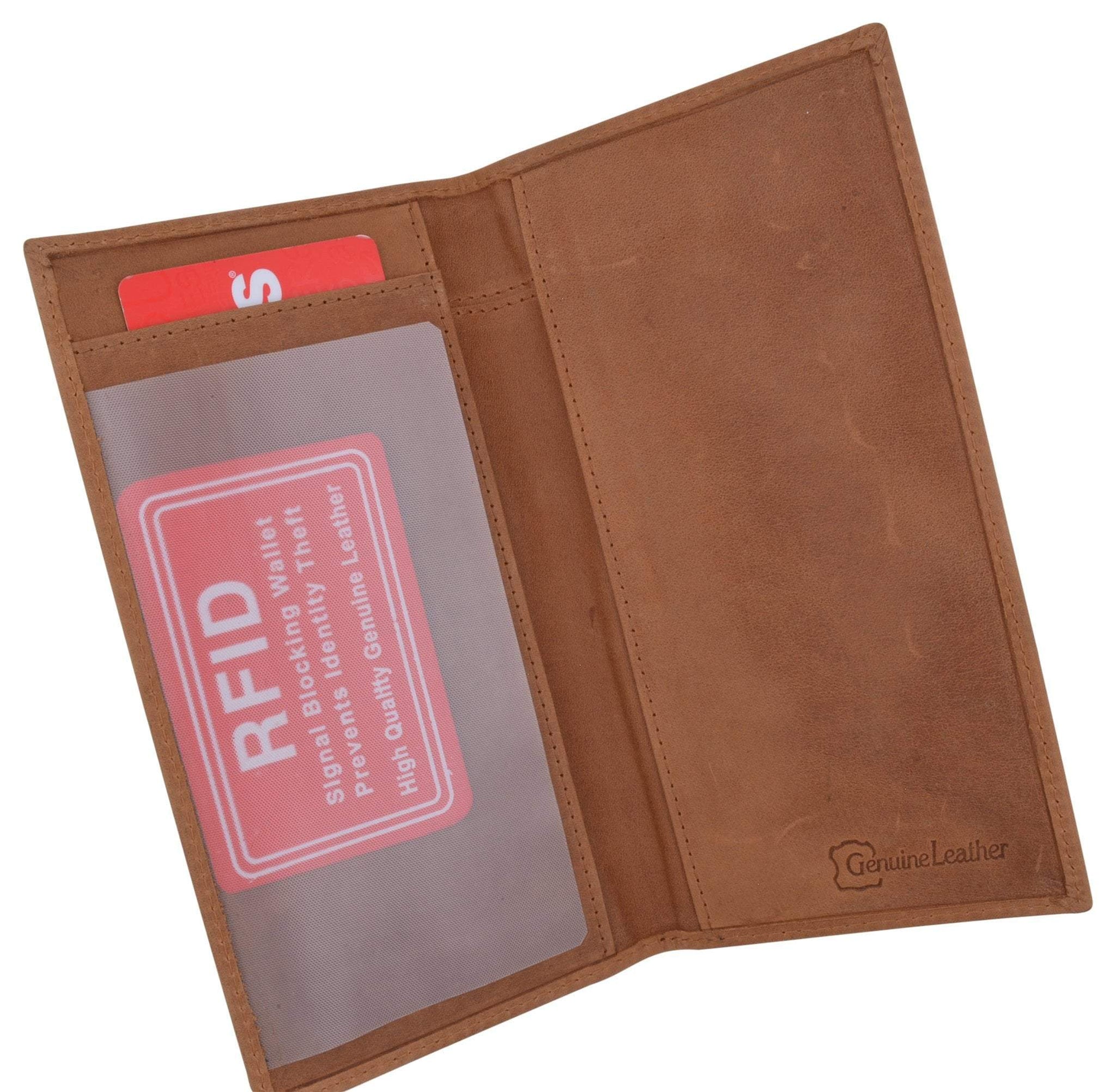 RFID Blocking Vintage Style Hunter Leather Simple Checkbook Cover Tan - wallets for men's at mens wallet
