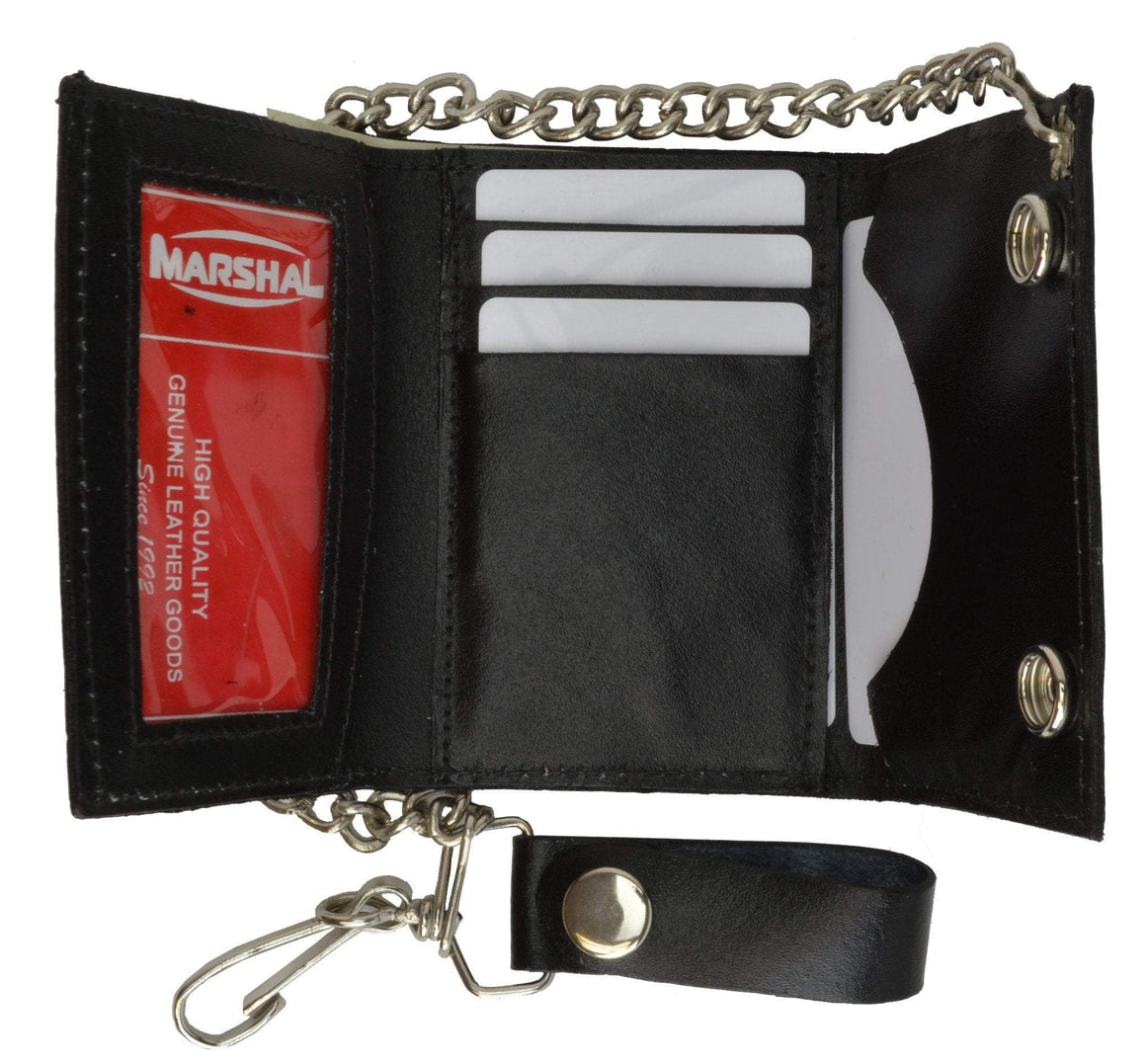 Skull Logo Genuine Leather Trifold Biker's Wallet ID Card Holder w/ Chain 1046-6 (C)-menswallet
