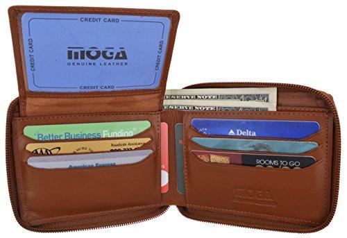 Moga Men's Genuine Leather Short Zip-Around ID Card Holder Bifold Wallet (Brown) - wallets for men's at mens wallet