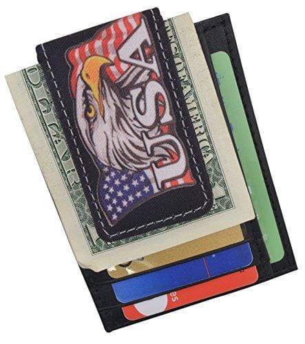 Genuine Leather Front Pocket Magnetic Money Clip Slim Minimalist Wallet Skull Bone USA Skull USA Flag Eagle USA Logos - wallets for men's at mens wallet