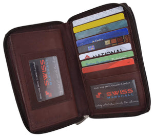 Womens Zip Around Genuine Leather Checkbook Credit Card ID Holder Wallet Brown-menswallet